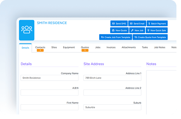 Website interface for customer management