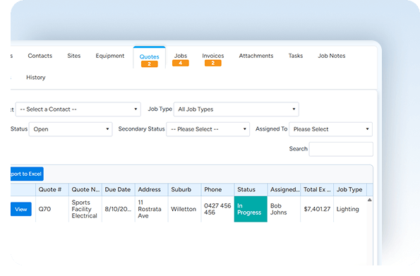 Website interface for quote management
