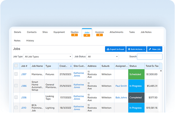 Website interface for job management