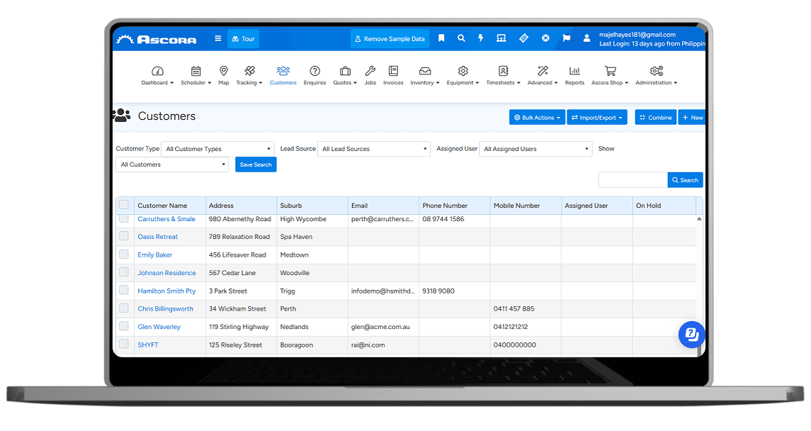 A laptop, displaying app interface for customer management