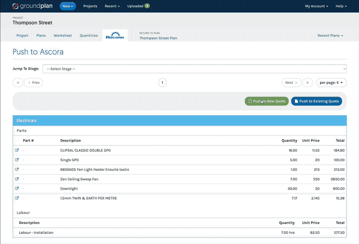 Seamlessly push to a new or update an existing quote in Ascora